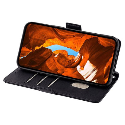 Black phone wallet case with flip cover open, card slots on the inside