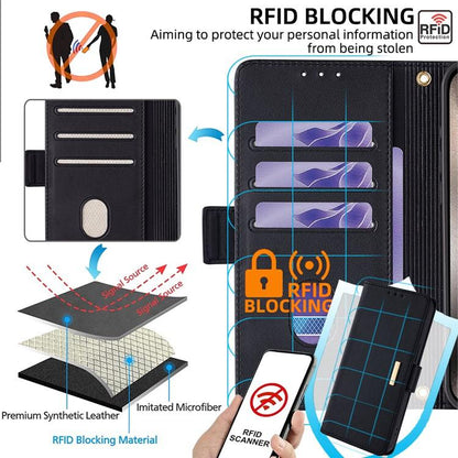 Black leather-style phone wallet case with card compartments and RFID-blocking design illustration