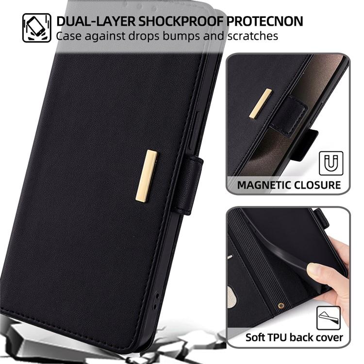 Black leather-style phone wallet case with magnetic closure and protective back cover diagram