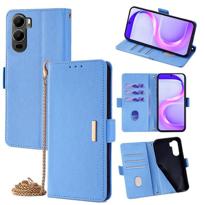 Blue leather-style phone wallet case with flip cover, card slots, and gold crossbody chain strap