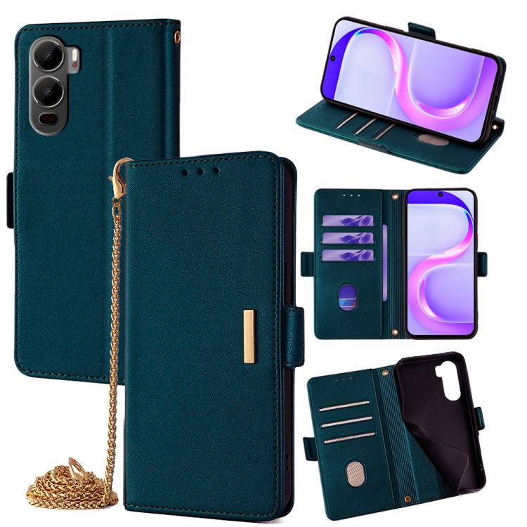 Dark green leather-style phone wallet case with flip cover, card slots, and gold crossbody chain strap