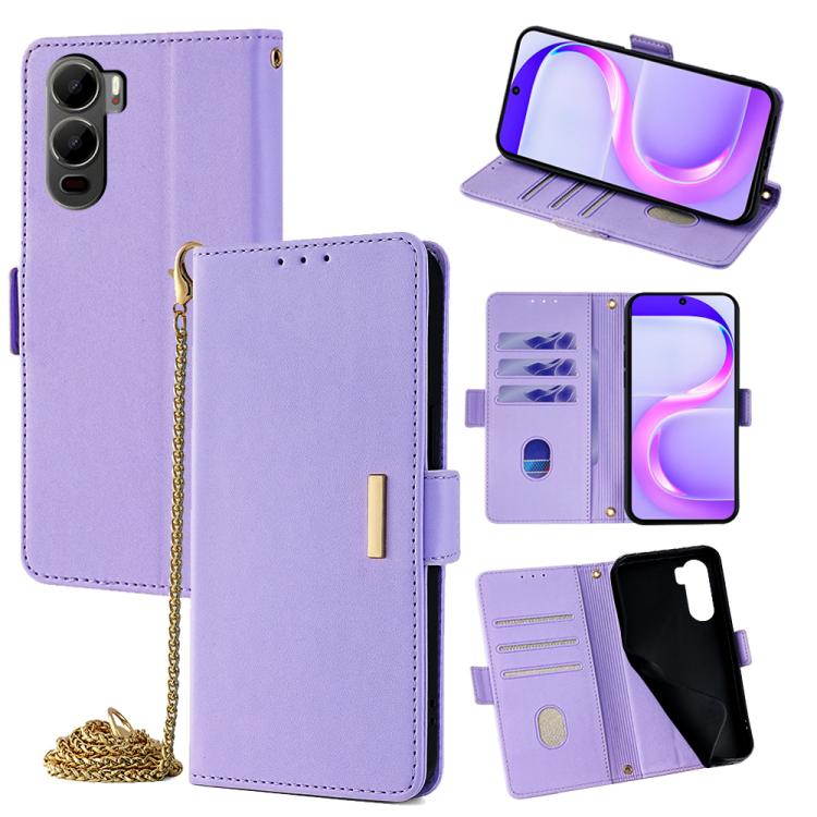 Purple leather crossbody phone case with flip cover, card slots, and gold chain strap.