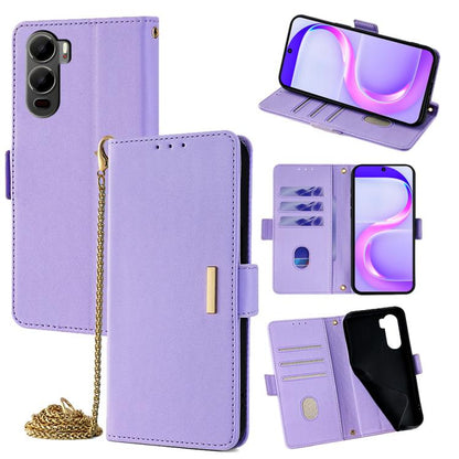 Purple leather crossbody phone case with flip cover, card slots, and gold chain strap.