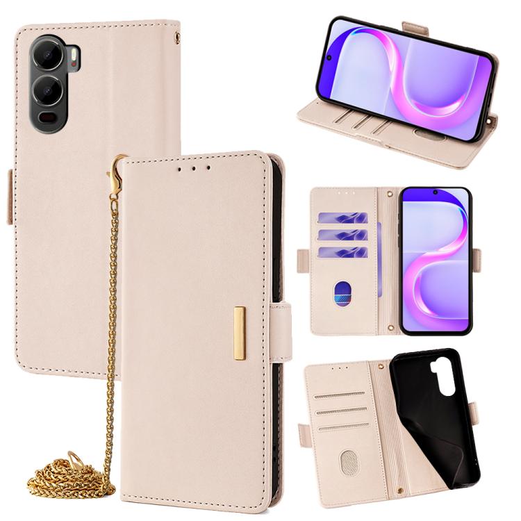 Light beige leather crossbody phone case with flip cover, card slots, and gold chain strap.