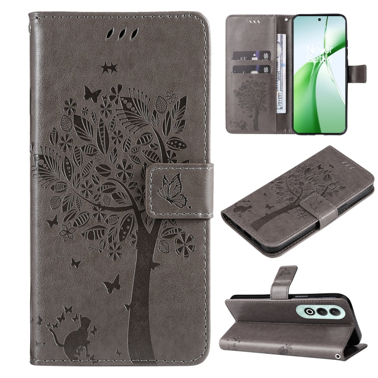 Tree & Cat Embossed Pattern Flip Leather Phone Case, For OnePlus 13, For OnePlus Nord CE4