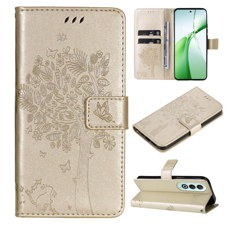 Tree & Cat Embossed Pattern Flip Leather Phone Case, For OnePlus 13, For OnePlus Nord CE4