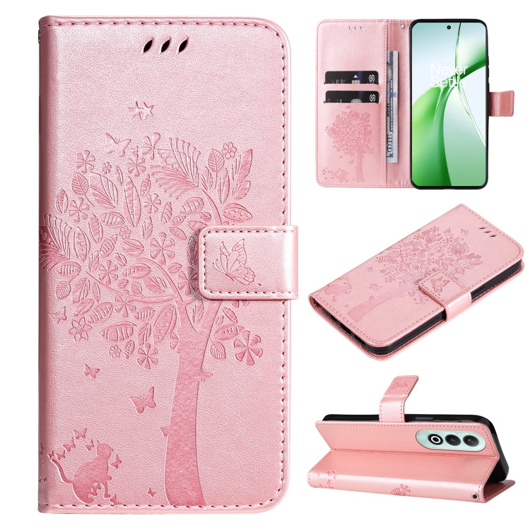 Tree & Cat Embossed Pattern Flip Leather Phone Case, For OnePlus 13, For OnePlus Nord CE4