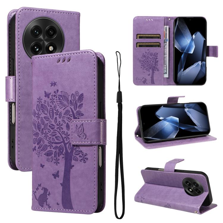 Tree & Cat Embossed Pattern Flip Leather Phone Case, For OnePlus 13, For OnePlus Nord CE4