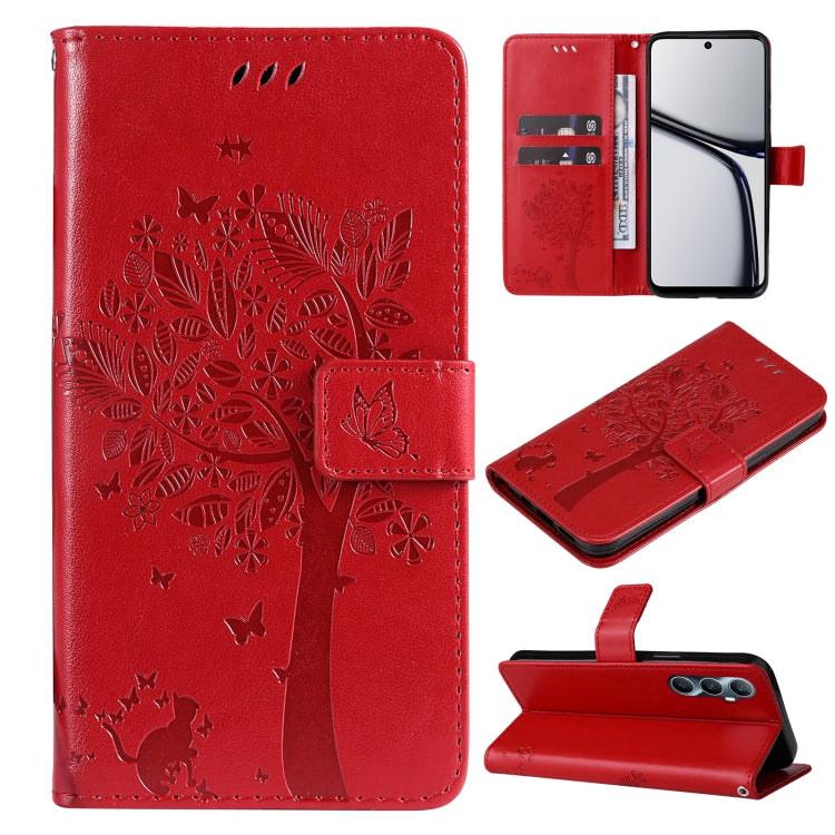 Tree & Cat Embossed Pattern Flip Leather Phone Case, For Realme C71 4G India, For Realme 15 5G, For Realme 14x 5G Global, For Realme C65 4G
