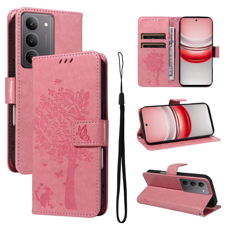 Tree & Cat Embossed Pattern Flip Leather Phone Case, For Realme C71 4G India, For Realme 15 5G, For Realme 14x 5G Global, For Realme C65 4G