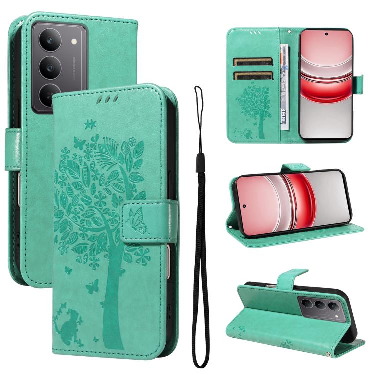 Tree & Cat Embossed Pattern Flip Leather Phone Case, For Realme C71 4G India, For Realme 15 5G, For Realme 14x 5G Global, For Realme C65 4G