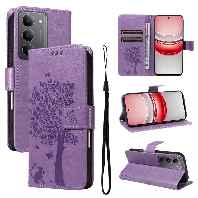 Tree & Cat Embossed Pattern Flip Leather Phone Case, For Realme C71 4G India, For Realme 15 5G, For Realme 14x 5G Global, For Realme C65 4G