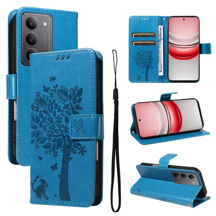 Tree & Cat Embossed Pattern Flip Leather Phone Case, For Realme C71 4G India, For Realme 15 5G, For Realme 14x 5G Global, For Realme C65 4G