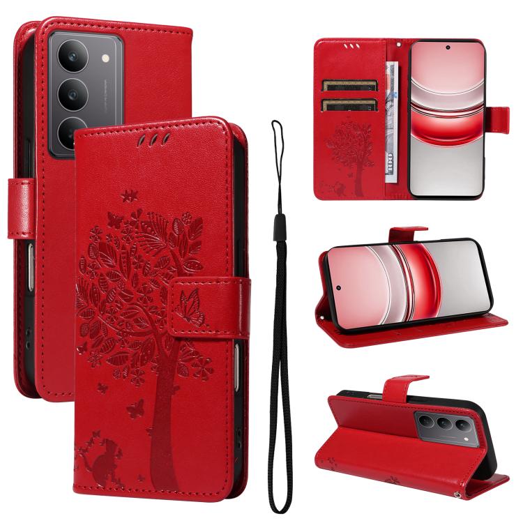 Tree & Cat Embossed Pattern Flip Leather Phone Case, For Realme C71 4G India, For Realme 15 5G, For Realme 14x 5G Global, For Realme C65 4G