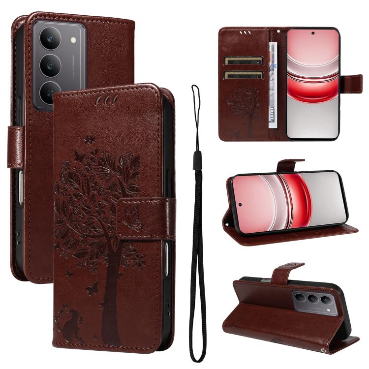 Tree & Cat Embossed Pattern Flip Leather Phone Case, For Realme C71 4G India, For Realme 15 5G, For Realme 14x 5G Global, For Realme C65 4G