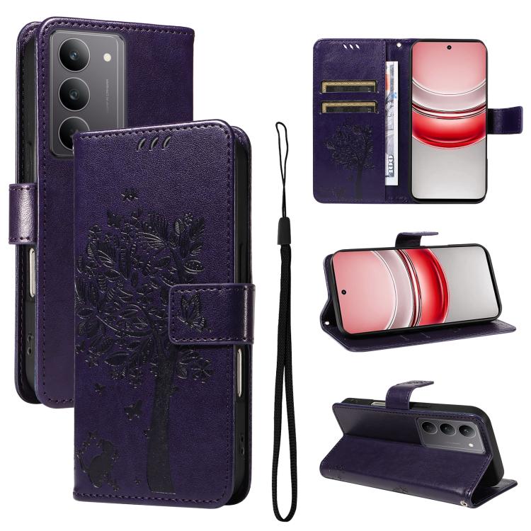 Tree & Cat Embossed Pattern Flip Leather Phone Case, For Realme C71 4G India, For Realme 15 5G, For Realme 14x 5G Global, For Realme C65 4G
