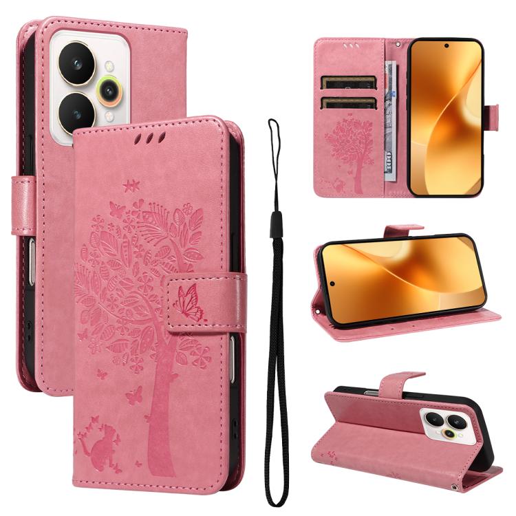 Tree & Cat Embossed Pattern Flip Leather Phone Case, For Realme C71 4G India, For Realme 15 5G, For Realme 14x 5G Global, For Realme C65 4G