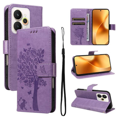 Tree & Cat Embossed Pattern Flip Leather Phone Case, For Realme C71 4G India, For Realme 15 5G, For Realme 14x 5G Global, For Realme C65 4G