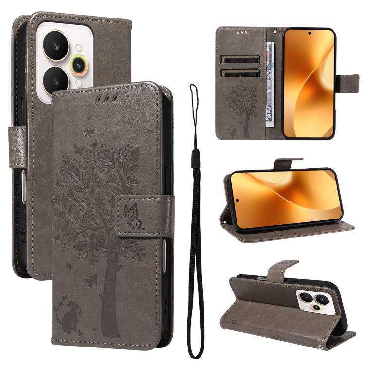 Tree & Cat Embossed Pattern Flip Leather Phone Case, For Realme C71 4G India, For Realme 15 5G, For Realme 14x 5G Global, For Realme C65 4G