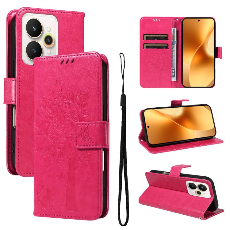 Tree & Cat Embossed Pattern Flip Leather Phone Case, For Realme C71 4G India, For Realme 15 5G, For Realme 14x 5G Global, For Realme C65 4G