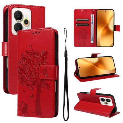 Tree & Cat Embossed Pattern Flip Leather Phone Case, For Realme C71 4G India, For Realme 15 5G, For Realme 14x 5G Global, For Realme C65 4G