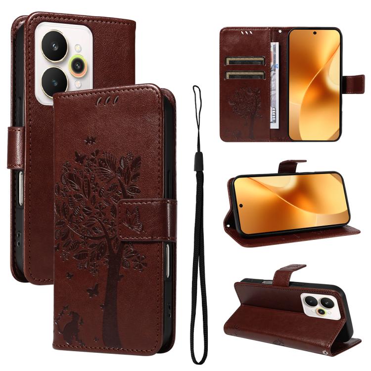 Tree & Cat Embossed Pattern Flip Leather Phone Case, For Realme C71 4G India, For Realme 15 5G, For Realme 14x 5G Global, For Realme C65 4G
