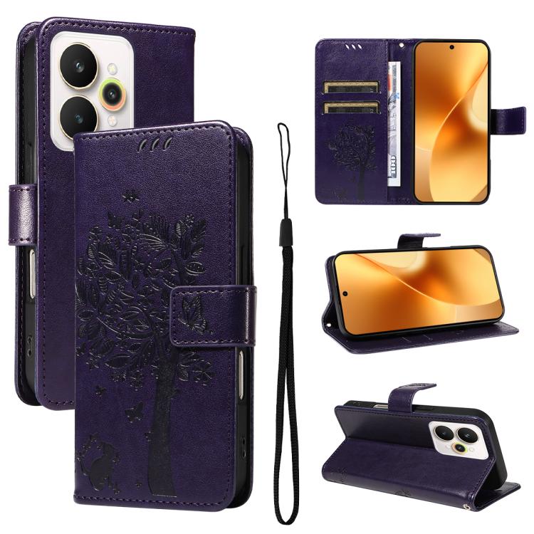 Tree & Cat Embossed Pattern Flip Leather Phone Case, For Realme C71 4G India, For Realme 15 5G, For Realme 14x 5G Global, For Realme C65 4G