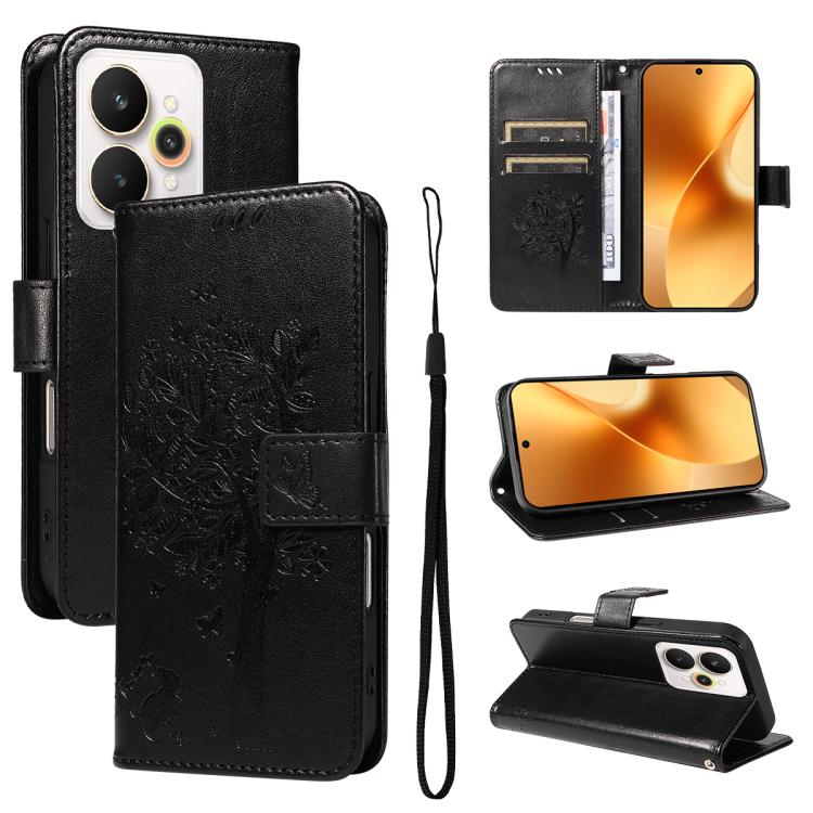 Tree & Cat Embossed Pattern Flip Leather Phone Case, For Realme C71 4G India, For Realme 15 5G, For Realme 14x 5G Global, For Realme C65 4G