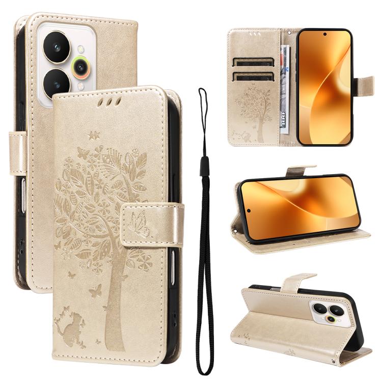 Tree & Cat Embossed Pattern Flip Leather Phone Case, For Realme C71 4G India, For Realme 15 5G, For Realme 14x 5G Global, For Realme C65 4G