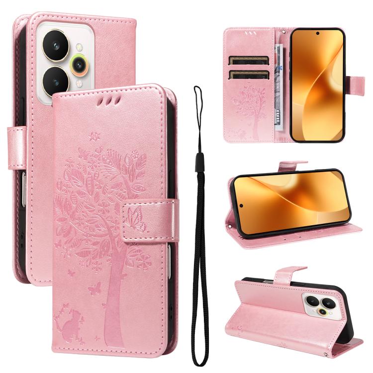 Tree & Cat Embossed Pattern Flip Leather Phone Case, For Realme C71 4G India, For Realme 15 5G, For Realme 14x 5G Global, For Realme C65 4G