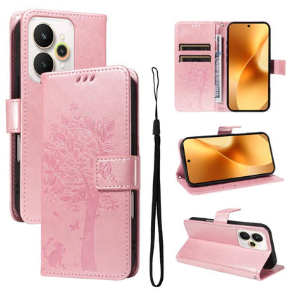 Tree & Cat Embossed Pattern Flip Leather Phone Case, For Realme C71 4G India, For Realme 15 5G, For Realme 14x 5G Global, For Realme C65 4G