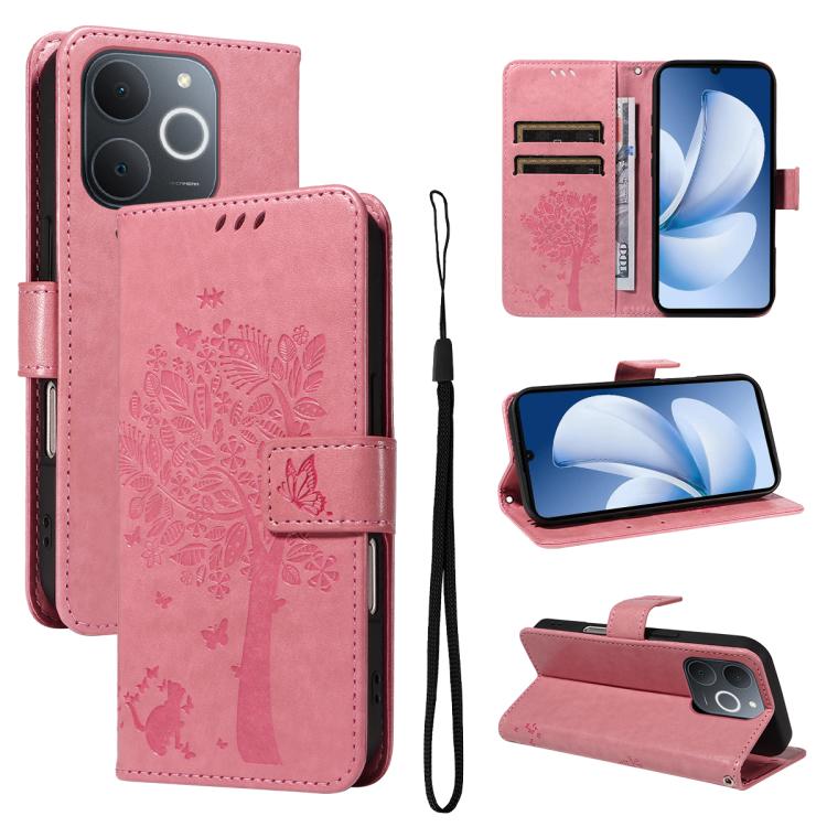 Tree & Cat Embossed Pattern Flip Leather Phone Case, For Realme C71 4G India, For Realme 15 5G, For Realme 14x 5G Global, For Realme C65 4G