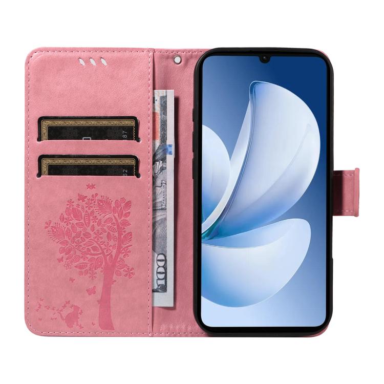 Tree & Cat Embossed Pattern Flip Leather Phone Case, For Realme C71 4G India, For Realme 15 5G, For Realme 14x 5G Global, For Realme C65 4G