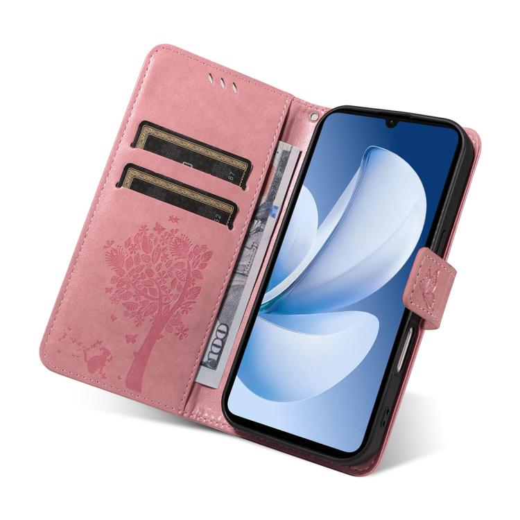 Tree & Cat Embossed Pattern Flip Leather Phone Case, For Realme C71 4G India, For Realme 15 5G, For Realme 14x 5G Global, For Realme C65 4G