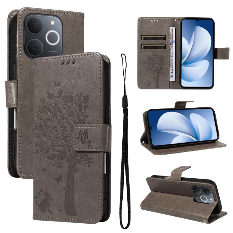 Tree & Cat Embossed Pattern Flip Leather Phone Case, For Realme C71 4G India, For Realme 15 5G, For Realme 14x 5G Global, For Realme C65 4G