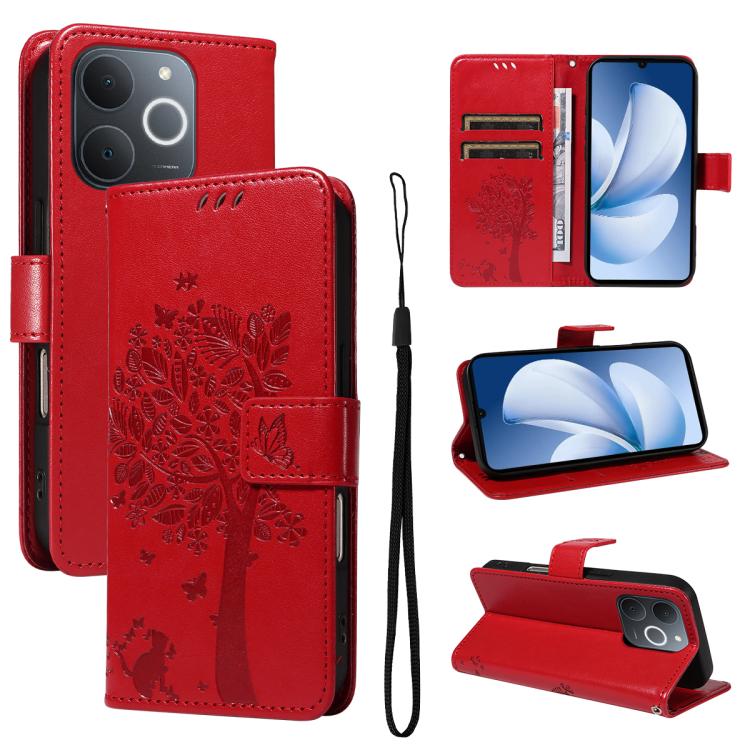 Tree & Cat Embossed Pattern Flip Leather Phone Case, For Realme C71 4G India, For Realme 15 5G, For Realme 14x 5G Global, For Realme C65 4G