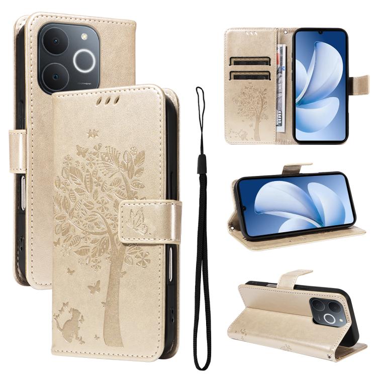 Tree & Cat Embossed Pattern Flip Leather Phone Case, For Realme C71 4G India, For Realme 15 5G, For Realme 14x 5G Global, For Realme C65 4G