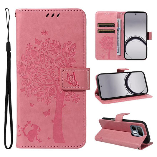 Tree & Cat Embossed Pattern Flip Leather Phone Case, For Realme 16T 5G, For Realme 16 Pro+ 5G Global, For Realme 16 Pro 5G Global, For Realme P4x 5G, For Realme C85 5G/15X 5G India, For Realme C85 Pro 4G, For Realme 15T 5G