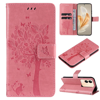 Tree & Cat Embossed Pattern Flip Leather Phone Case, For vivo Y200e 5G Global / V30 Lite India, For vivo V29e Global / Y200 5G Global