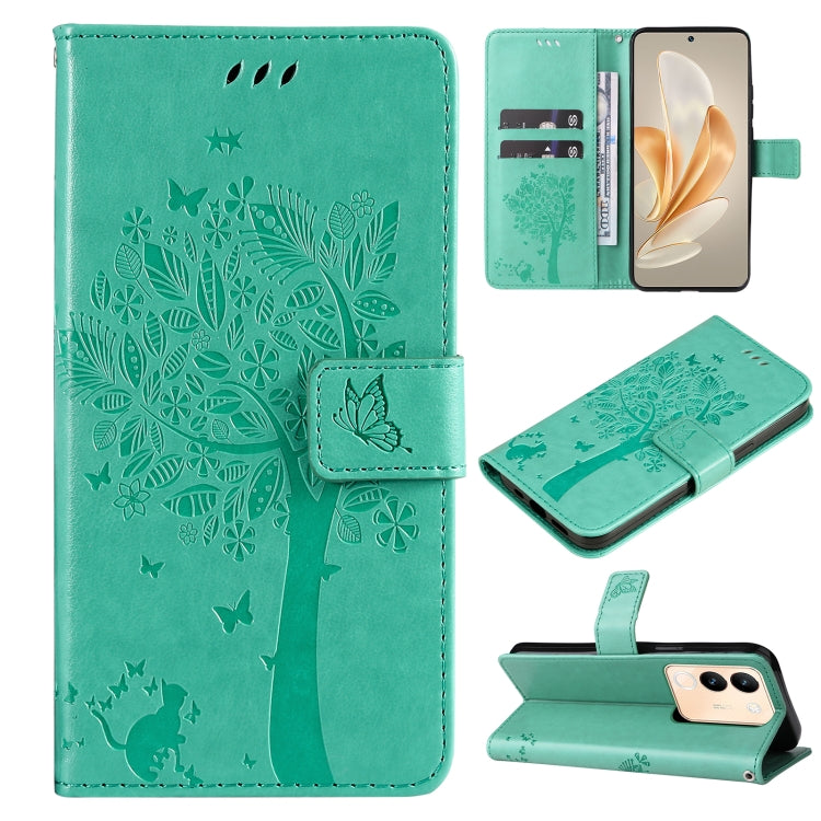Tree & Cat Embossed Pattern Flip Leather Phone Case, For vivo Y200e 5G Global / V30 Lite India, For vivo V29e Global / Y200 5G Global