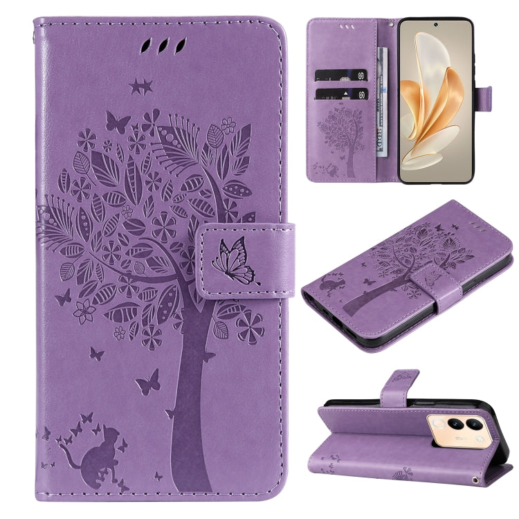 Tree & Cat Embossed Pattern Flip Leather Phone Case, For vivo Y200e 5G Global / V30 Lite India, For vivo V29e Global / Y200 5G Global