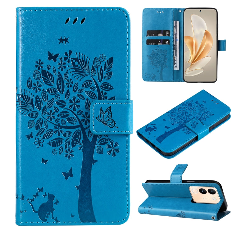 Tree & Cat Embossed Pattern Flip Leather Phone Case, For vivo Y200e 5G Global / V30 Lite India, For vivo V29e Global / Y200 5G Global