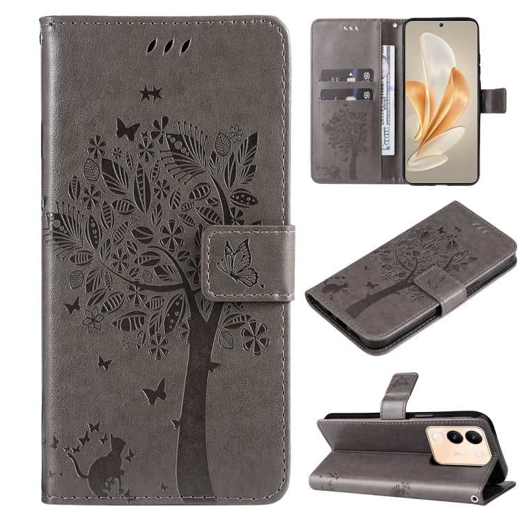 Tree & Cat Embossed Pattern Flip Leather Phone Case, For vivo Y200e 5G Global / V30 Lite India, For vivo V29e Global / Y200 5G Global