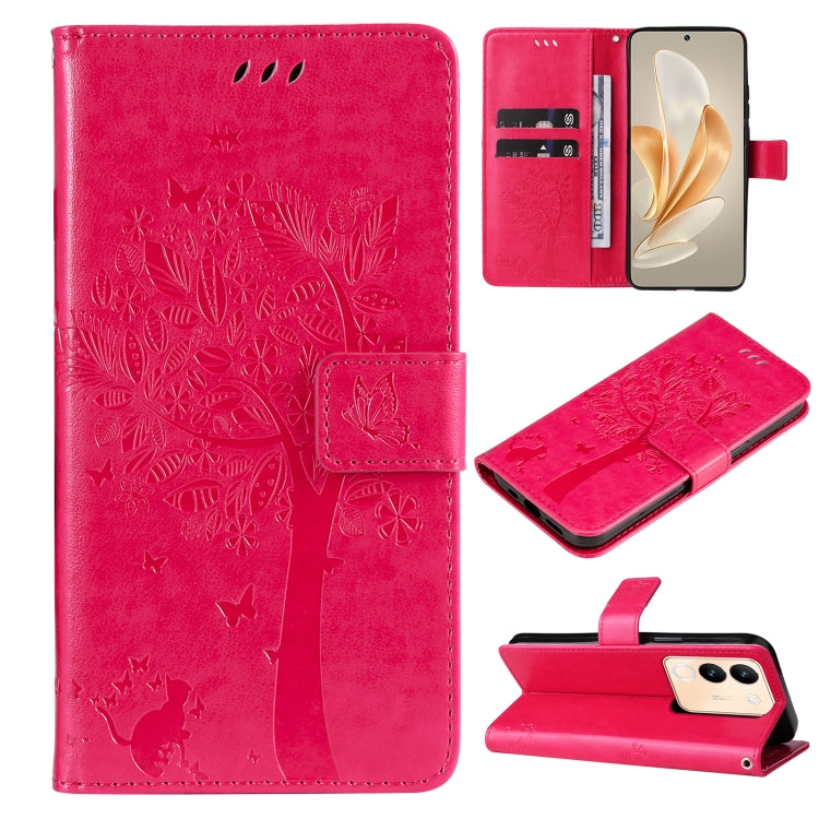 Tree & Cat Embossed Pattern Flip Leather Phone Case, For vivo Y200e 5G Global / V30 Lite India, For vivo V29e Global / Y200 5G Global