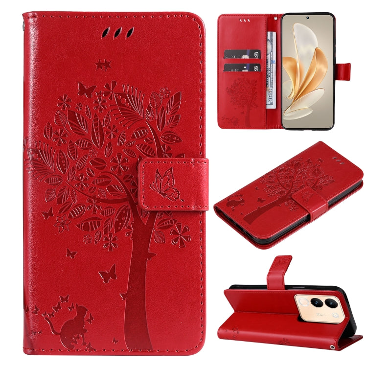 Tree & Cat Embossed Pattern Flip Leather Phone Case, For vivo Y200e 5G Global / V30 Lite India, For vivo V29e Global / Y200 5G Global