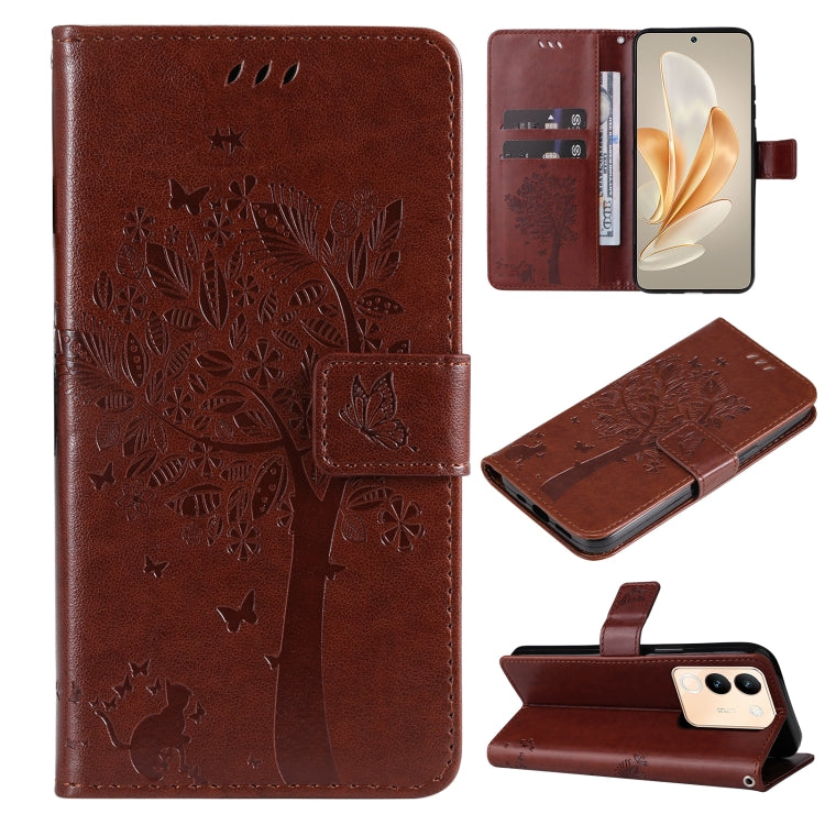 Tree & Cat Embossed Pattern Flip Leather Phone Case, For vivo Y200e 5G Global / V30 Lite India, For vivo V29e Global / Y200 5G Global