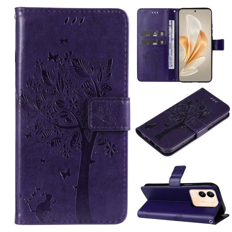 Tree & Cat Embossed Pattern Flip Leather Phone Case, For vivo Y200e 5G Global / V30 Lite India, For vivo V29e Global / Y200 5G Global