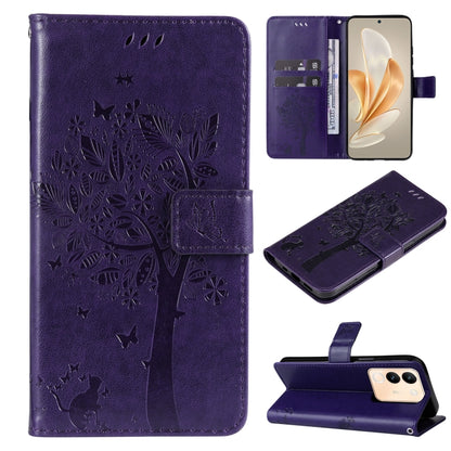 Tree & Cat Embossed Pattern Flip Leather Phone Case, For vivo Y200e 5G Global / V30 Lite India, For vivo V29e Global / Y200 5G Global