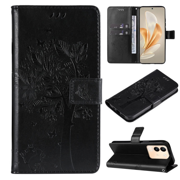 Tree & Cat Embossed Pattern Flip Leather Phone Case, For vivo Y200e 5G Global / V30 Lite India, For vivo V29e Global / Y200 5G Global