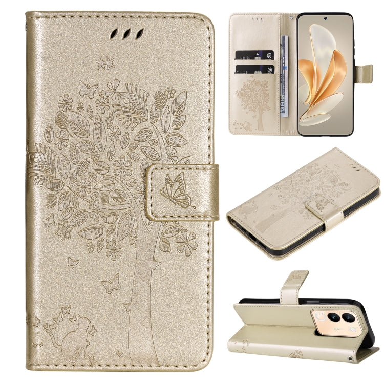 Tree & Cat Embossed Pattern Flip Leather Phone Case, For vivo Y200e 5G Global / V30 Lite India, For vivo V29e Global / Y200 5G Global